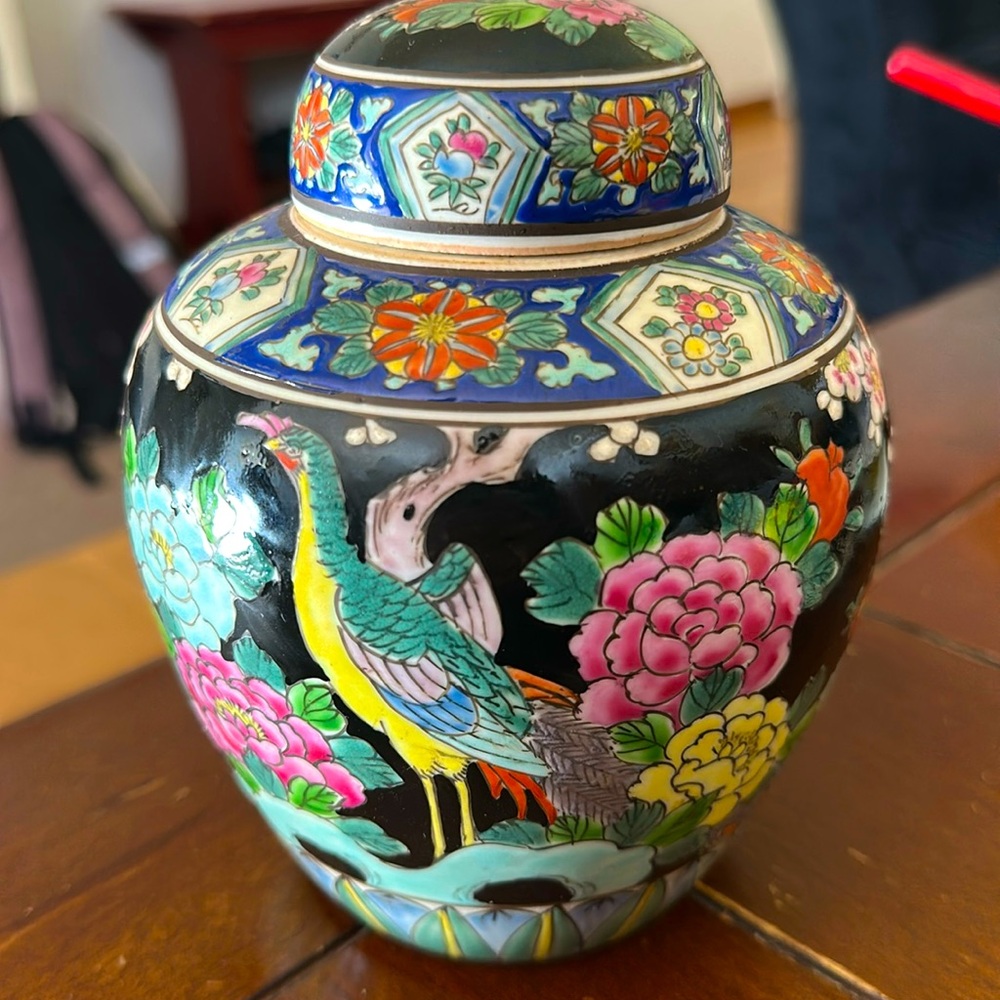 Vintage Japanese Famille Noire Style Peacock Ginger Jar